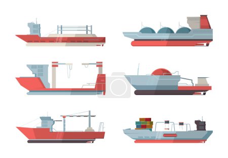 Illustration for Cargo ship. Marine vessel ocean ship with crane and containers vector flat pictures. Transport cargo container, vessel marine business illustration - Royalty Free Image