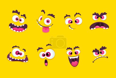 Illustration for Cartoon faces. Emotions smirk expressions, smile mouth with teeth and scared eyes characters vector collection. Face emotion set illustration - Royalty Free Image