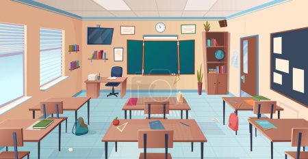 Illustration for Classroom interior. School or college room with desks chalkboard teacher items for lesson vector cartoon illustration. College interior class, chalkboard in classroom - Royalty Free Image