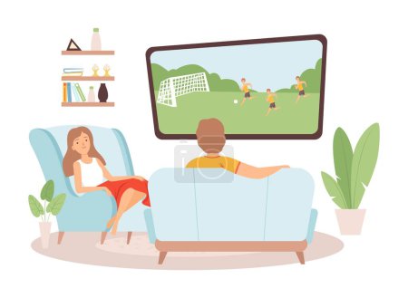 Illustration for Couple spend time together. Woman man watch TV, football fans. Family in living room, stay at home vector illustration. Man and woman comfortable watch tv - Royalty Free Image