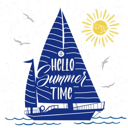 Téléchargez les illustrations : Mignon poster vectoriel d'été avec silhouette bateau, soleil, oiseaux et lettrage Bonjour heure d'été. Illustration du voyage en bateau d'été, voilier et yacht - en licence libre de droit