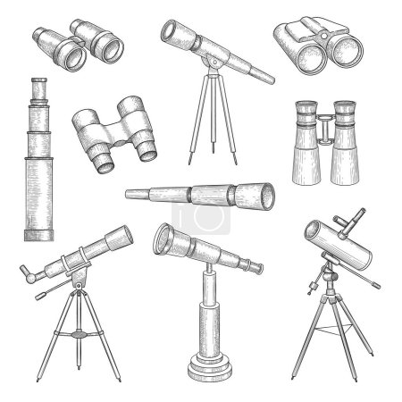 Ilustración de Doodle binocular. Equipo Explorer para viajeros telescopio binocular óptica militar vector mano dibujado conjunto. Esbozo de telescopio de ilustración, herramienta de lente de equipo - Imagen libre de derechos