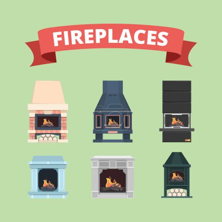 Illustration for Fireplace. Retro gas stove flame decoration in interior vector flat pictures fireplaces. Stove with fire, interior classic fireplac collection illustration - Royalty Free Image