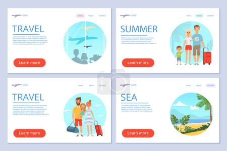 Illustration for Family goes at vacations. Peoples at airport. Vector travel landing pades background. Illustration of people vacation, family travel - Royalty Free Image