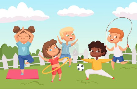 Illustration for Happy active kids characters. Summer outdoor activity - childhood vector background. Illustration of childhood, boy and girl play - Royalty Free Image