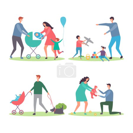 Ilustración de Familias felices con niños y perros. Madres y padres caminando y jugando con niños en la ilustración vectorial del parque de la ciudad. Descanso día de la familia, madre padre e hijos - Imagen libre de derechos