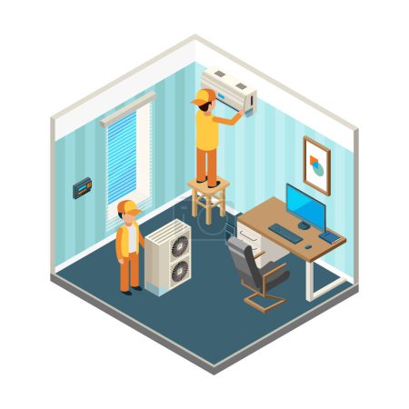 Illustration for Install air conditioner. Technicians fixed electrical and cooling heating systems at office room vector isometric pictures. Illustration of install service, repair conditioning - Royalty Free Image