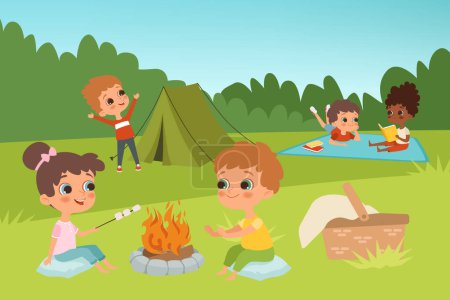 Téléchargez les illustrations : Camp d'été pour enfants arrière-plan vectoriel avec des enfants personnages et éléments de camping. Illustration d'enfants d'été en plein air, feu de joie et pique-nique - en licence libre de droit