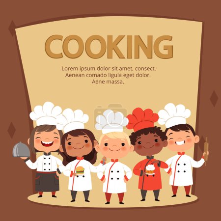 Téléchargez les illustrations : Les enfants préparent la nourriture. Modèle vectoriel de bannière de chefs cuisiniers pour enfants. Chef restaurant enfants, illustration enfants culinaires - en licence libre de droit