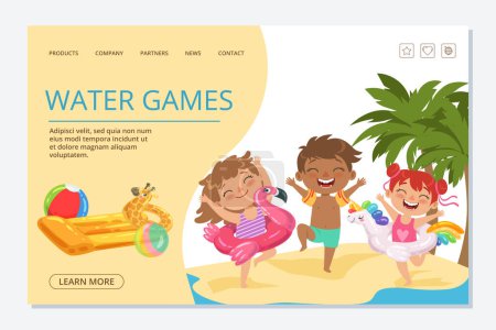 Illustration for Kids water games vector landing page template. Happy summer kids characters. Illustration of water game on sand beach, kids boy and girl - Royalty Free Image