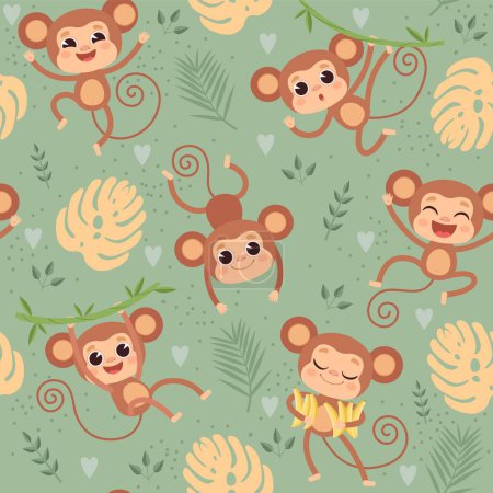 Illustration for Monkey pattern. Wild little animals chimpanzee playing on jungle tree textile design project vector seamless cartoon background. Pattern with monkey chimpanzee, primate character illustration - Royalty Free Image