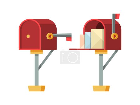 Téléchargez les illustrations : Ouvre la boîte aux lettres. Poster boîte aux lettres avec enveloppes vectorielles conteneurs isolés. Poste de conteneur pour courrier et enveloppe, boîte aux lettres pour illustration de correspondance - en licence libre de droit