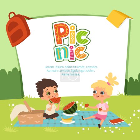 Ilustración de Banner vectorial de picnic. Niños sentados en el jardín y comiendo frutas. Ilustración de niños en el picnic, niño sonriente comiendo sandía juntos - Imagen libre de derechos