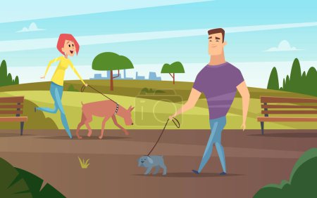 Ilustración de Mascotas caminando. Animales propietarios felices al aire libre en el parque corriendo o en bicicleta con perros actividad vector de fondo. La gente pasea con perros, ilustración de amistad con mascotas - Imagen libre de derechos