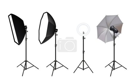Illustration for Realistic spotlights. Photo video accessories for studio softboxes spotlights vivid light shine glow effects vector pictures. Illustration of spotlight projector, spotlighting searchlight for studio - Royalty Free Image