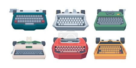 Illustration for Retro typewriting. Type keyboard letter old machines for writers vector illustration. Publishing equipment, typewriter and keyboard collection - Royalty Free Image