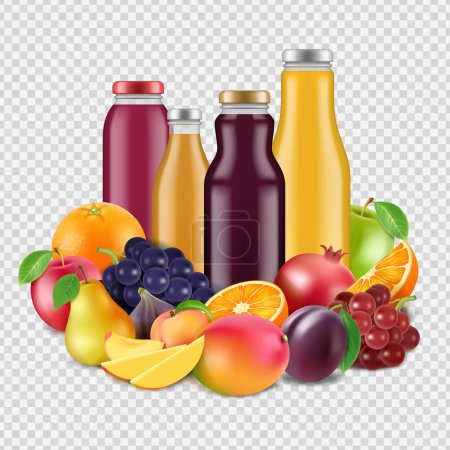Illustration for Realistic fruits and juices vector isolated on transparent background. Organic juicy fresh, mango and grape, pear and orange, apple and pomegranate illustration - Royalty Free Image