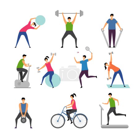 Illustration for Sport activities. Characters outdoor making some exercises active people running man gymnastics fitness vector pictures. Illustration of fitness exercise, training healthy, gymnastics and jogging - Royalty Free Image