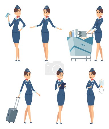 Illustration for Stewardess. Woman hostess professional blue uniform of boarding airplane girl vector cartoon characters. Stewardess and hostess attendant illustration - Royalty Free Image