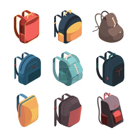 Téléchargez les illustrations : Sac de voyage. Illustration vectorielle de sacs scolaires colorés à bagages isométriques. Bagages de voyage, sac et sac, aventure bagages et cartable - en licence libre de droit
