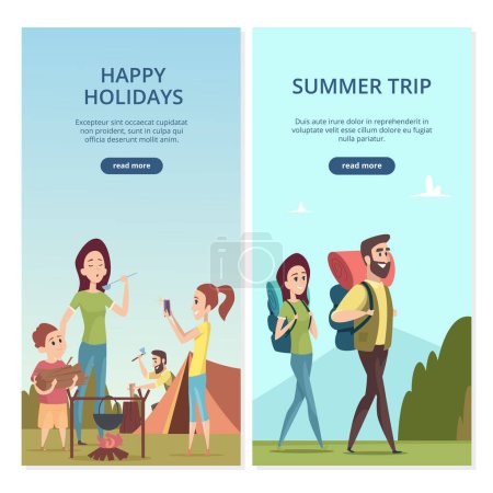 Illustration for Summer camping vector banners. Family trip and travel illustration. Vacation trip, holiday and journey family outdoor - Royalty Free Image