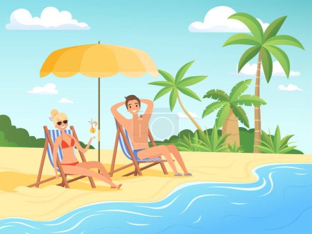 Téléchargez les illustrations : Des personnages d'été. Homme et femme se reposent sur la plage dessin animé bord de mer fond vacances d'été vecteur. Illustration de fille et garçon au bord de la mer, été tropical - en licence libre de droit