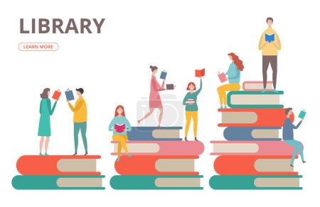 Illustration for Time to read vector concept. Library, self education, students with books illustration. Student read book, people on stack of books - Royalty Free Image