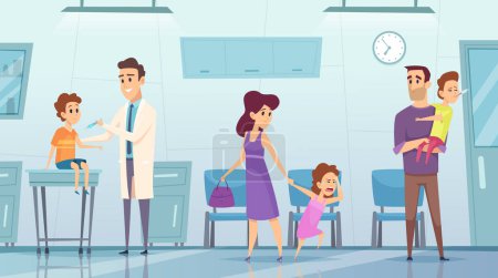 Illustration for Vaccination in clinic. Medical background picture kids hospital doctor making safety injection from influenza vector healthcare concept. Illustration of medical vaccine, influenza syringe in clinic - Royalty Free Image