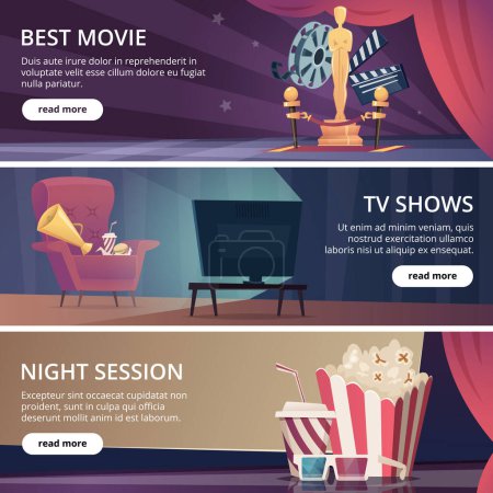Illustration for Cinema banners. Movie video and theater entertainment cartoon icons 3d glasses popcorn clapper megaphone vector design template. Best movie and television show, night session cinema illustration - Royalty Free Image