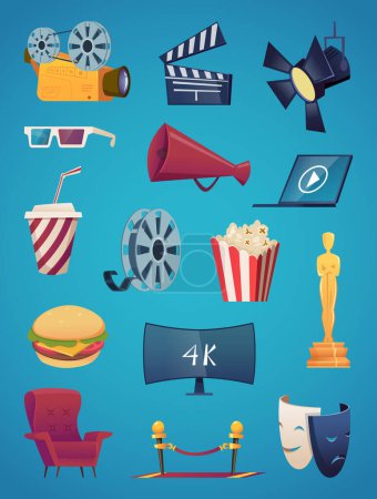 Illustration for Cinema icon collection. Movie theatre entertainment cartoon pictures video club popcorn 3d glasses camera popcorn vector illustrations. Megaphone and camera, spotlight and video screen - Royalty Free Image