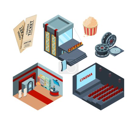 Illustration for Cinema stage isometric. Inside interior of movie hall entertainment illustrations cinema ticket red curtains vector. Cinema theater isometry, screen showtime entertainment, - Royalty Free Image