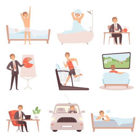 Illustration for Active man daily routine. Lifestyle everyday businessmen work busy people vector character isolated. Office character in routine, busy daily illustration - Royalty Free Image