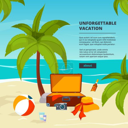 Illustration for Background with suitcases. Travel illustrations in cartoon style. Summer tourism, suitcase on sand beach vector - Royalty Free Image