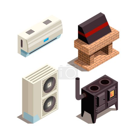 Illustration for Air conditioning systems. Cooling heating generators compressor pressure pipe vector isometric collection. Conditioner and fireplace, conditioning and heater illustration - Royalty Free Image