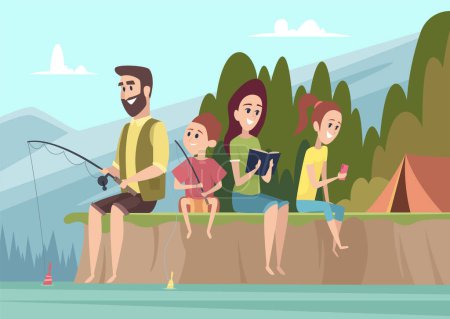 Illustration for Family travellers. Couple outdoor explorers kids with parents hiking camping vector cartoon background. Family adventure and fishing outdoor, travel camp illustration - Royalty Free Image