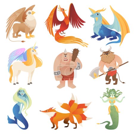 Ilustración de Criaturas fantásticas. Phoenix dragón híbrido animales vuelo león minotauro centauro vector dibujos animados. Ilustración de monstruo y sirena, unicornio y medusa, fénix y minotauro - Imagen libre de derechos