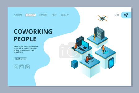Illustration for Coworking landing. Web page design template business people team building managers meeting and brainstorming vector isometric. Illustration of co-working company, business team office - Royalty Free Image