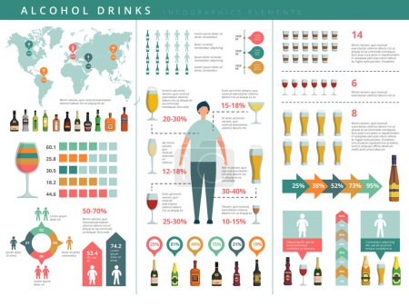 Illustration for Drink infographic. Glass and alcohol drinks bottles business world info about drinking people vector template. Alcohol drink infographic, beer and whiskey illustration - Royalty Free Image