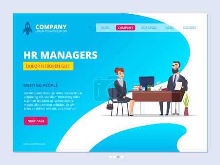 Illustration for Interview landing. Hr manager director male dialogue with female worker business website layout design vector template. Business recruitment candidate, hr career illustration - Royalty Free Image