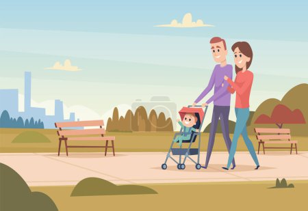 Illustration for Happy family. Mother and father with children love family couple outdoor playing with kids boys and girls vector characters. Illustration of people parent mother and father with kid - Royalty Free Image
