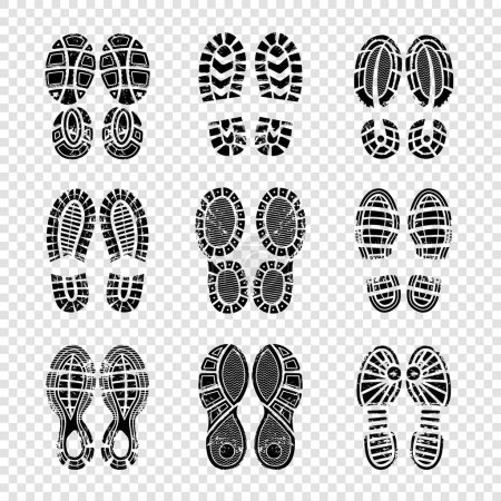 Ilustración de Huella humana. Caminar suelas botas pasos siluetas vector plantilla impresión textura. Ilustración de huella y huella, silueta de pie - Imagen libre de derechos