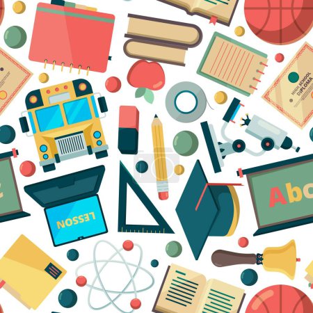 Illustration for School seamless background. Education learning college institute objects stationary tools teachers university items vector pattern. Stationery for school, study and knowledge illustration - Royalty Free Image
