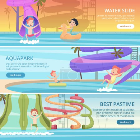 Illustration for Water park banners. Aqua games funny pleasure for kids at pool playground with water slide and rubber castle vector cartoon pictures. Water game in pool aqua-park, banner entertainment illustration - Royalty Free Image