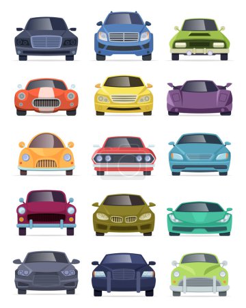 Illustration for Vehicles front view. Transport automobiles taxi bus truck cartoon cars vector collection. Car vehicle front view, automobile model illustration - Royalty Free Image