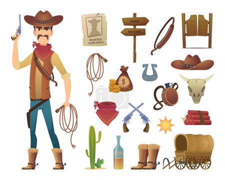 Illustration for Wild west cartoon. Saloon cowboy western lasso symbols vector pictures isolated. Illustration of wild western cowboy, lasso and gun, cactus and star badge - Royalty Free Image