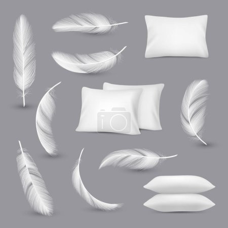 Illustration for White pillows. Wind feathers for bedroom rectangle pillows vector realistic pictures isolated. Illustration of soft comfortable cushion, white feather - Royalty Free Image