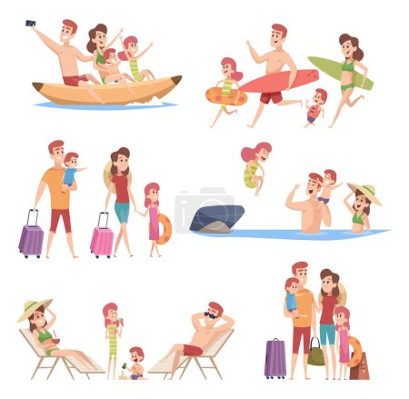 Ilustración de Viajeros de verano. Feliz pareja de amor con los niños playa a pie viaje de vacaciones al aire libre aventura vector colección de personajes. Ilustración de viajes de vacaciones en familia, turismo de vacaciones - Imagen libre de derechos