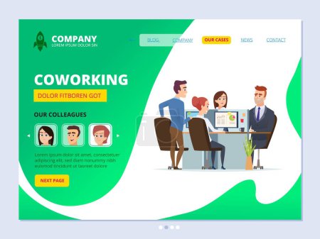 Illustration for Teamwork landing. Coworking concept web page layout business workspace managers male and female office agency vector design template. Office teamwork, business colleague illustration - Royalty Free Image