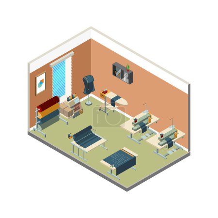 Illustration for Textile production. Manufacturing factory with sewing machines for textile embroidery vector isometric. Illustration of manufacture production, sewing machine - Royalty Free Image