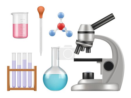 Illustration for Chemical lab items. Science laboratory collection bottles microscope glass tubes biology vector realistic tools. Illustration of lab experiment, biology and chemical - Royalty Free Image